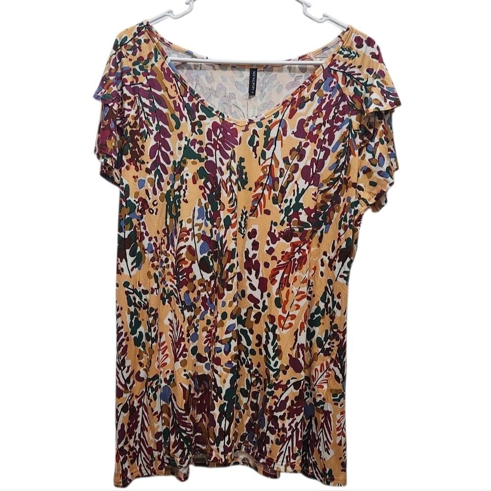 Womens XL Floral Blouse Flutter Sleeve Boho Fall Botanical Print Tunic Top NEW